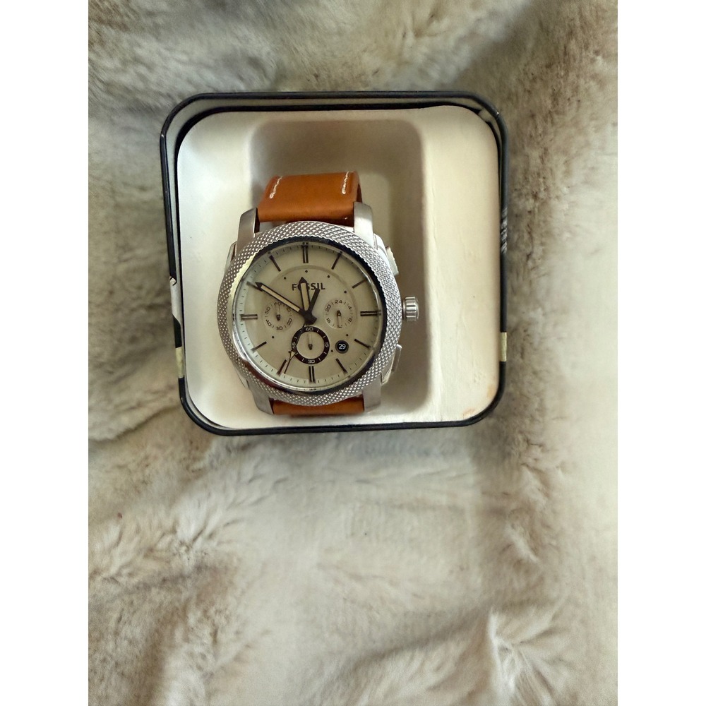 Fossil Machine Chronograph Mens Watch Tan Leather Strap FS4659 Silver Case